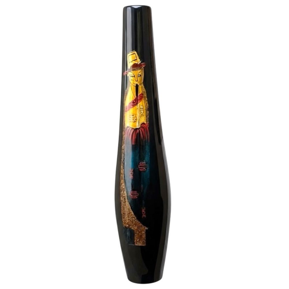 Vintage Japanese Gilded Gold Black Lacquer Tall Vase